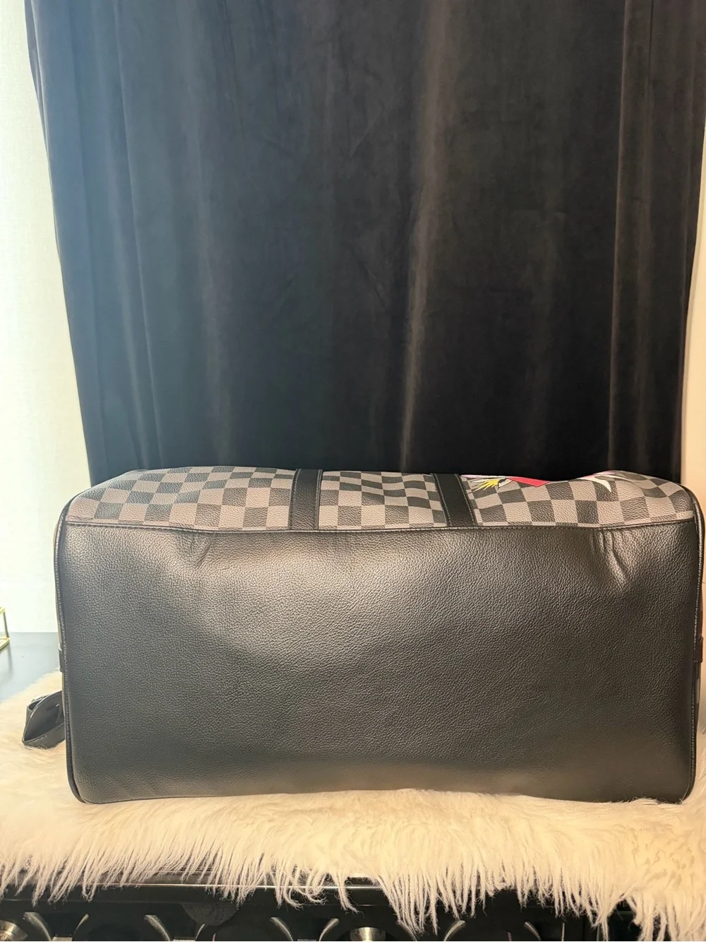 Ed Hardy Checkerboard Gray Travel Duffle Bag with Graphic Detail